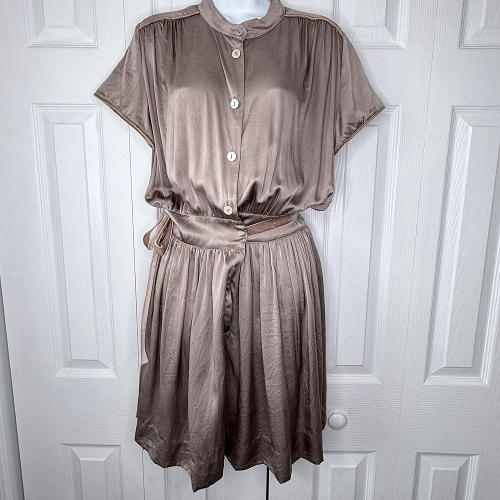 Robin 100% Silk Dress Sz 10 Taupe Brown Velvet Trim Belt Blouson Button Front